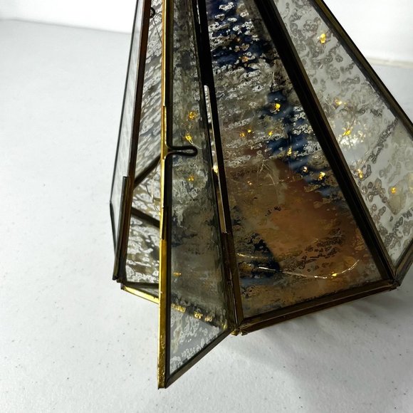 Mercury Glass Octagon Brass Lantern with LED Lights Strings 3 AAA Batteries Open - Picture 6 of 14